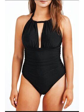 Womens Med Halter Plunge Black One-Piece Swimsuit Ruched Waist & Tie Back